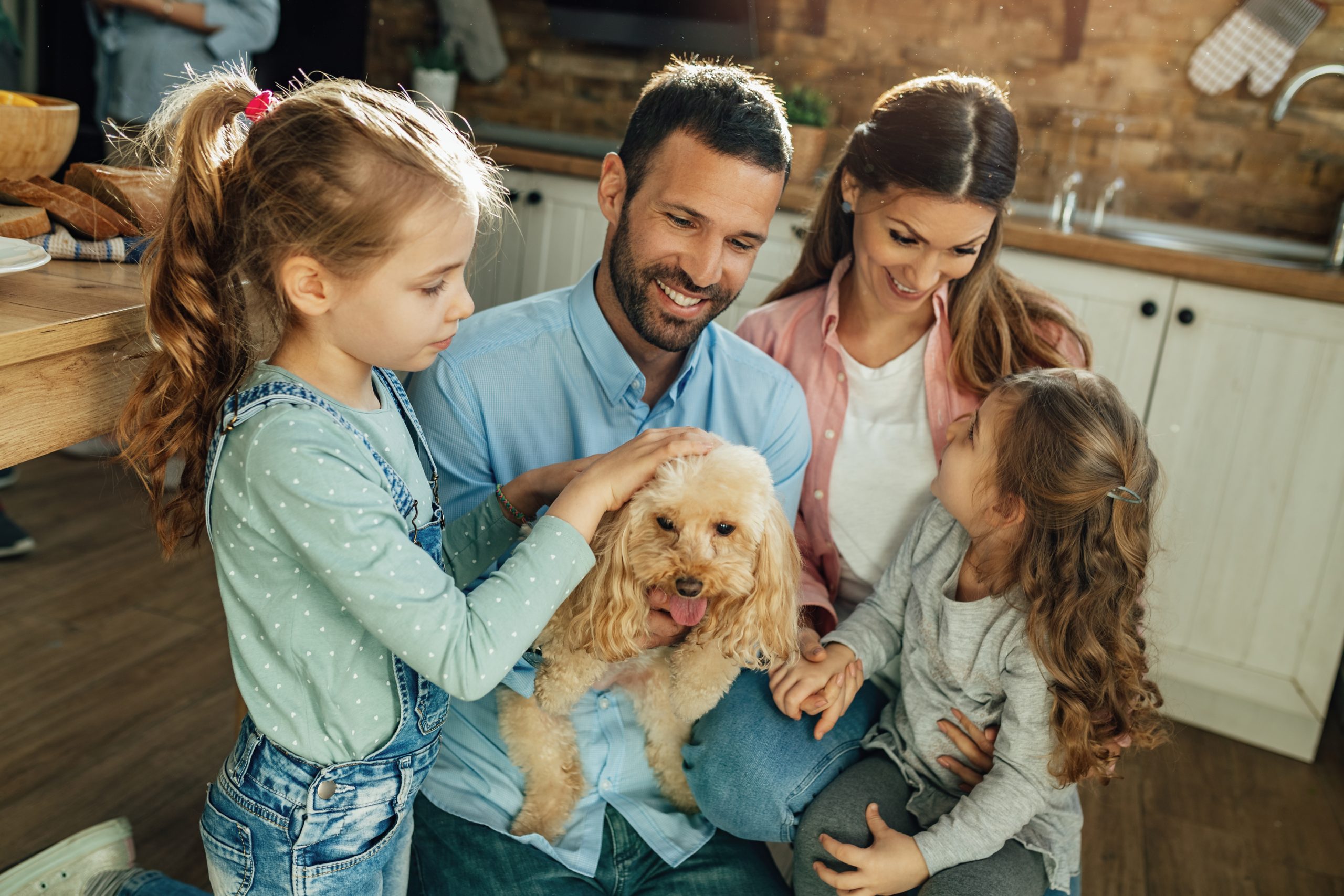 Young happy family having fun with their poodle at home.